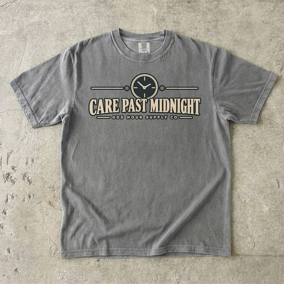 Care Past Midnight vintage clock graphic on a Granite Comfort Colors T-shirt