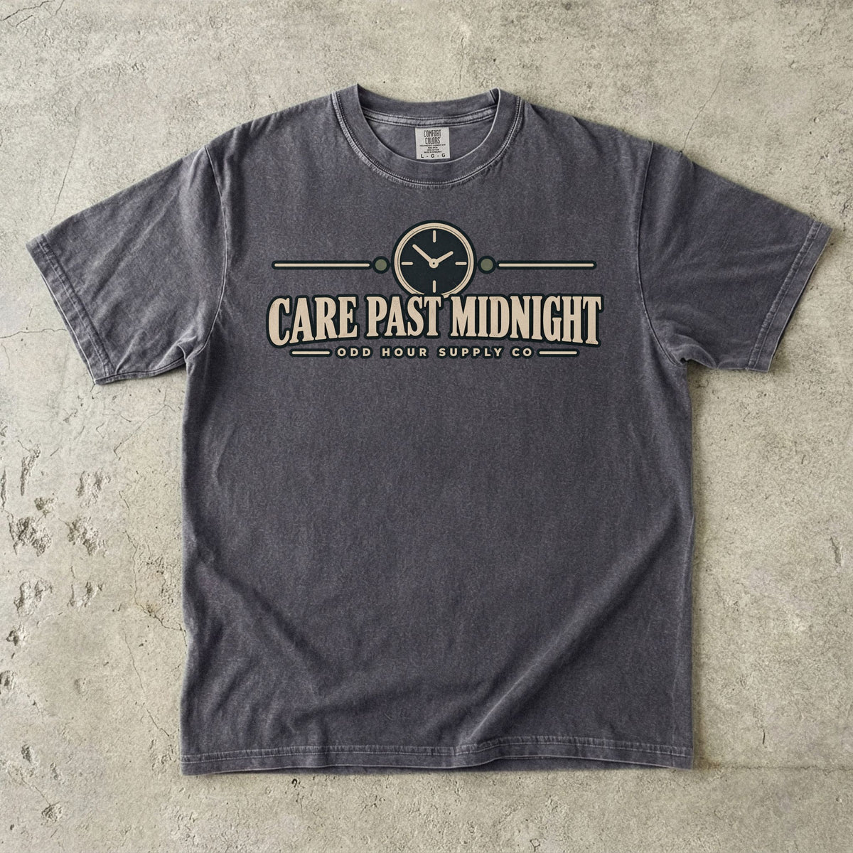 Care Past Midnight vintage clock graphic on a Pepper Comfort Colors T-shirt