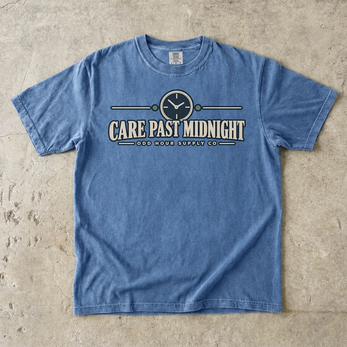 Care Past Midnight vintage clock graphic on a Washed Denim Comfort Colors T-shirt