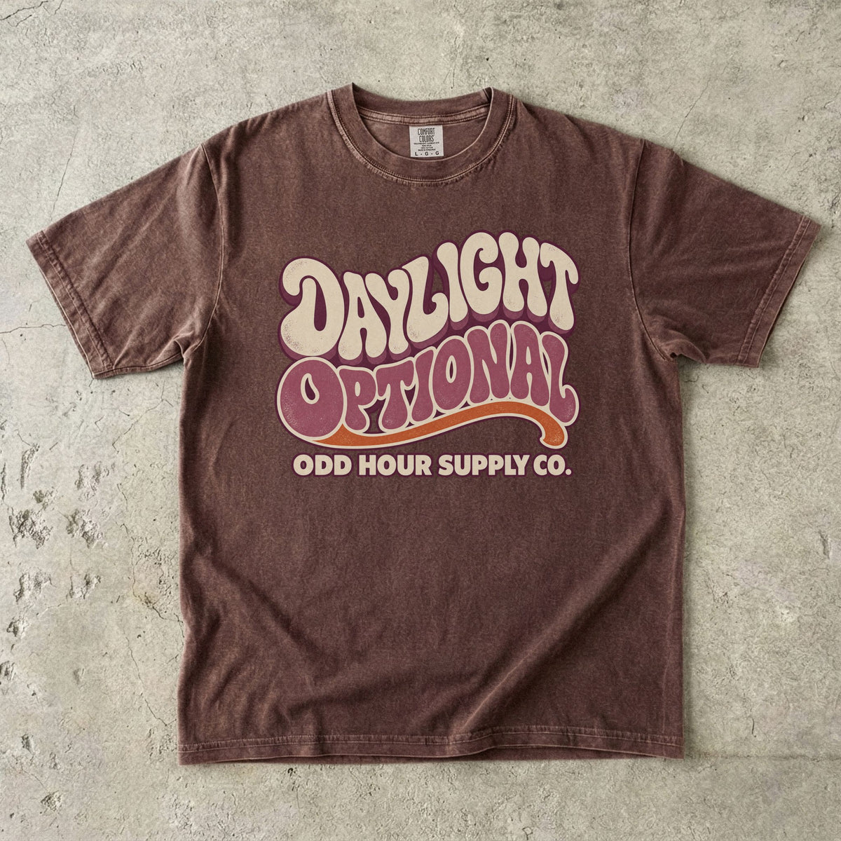Espresso Comfort Colors 1717 T-shirt with the Daylight Optional graphic, front view