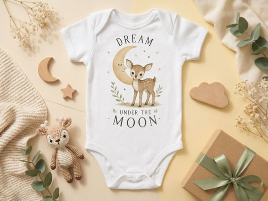 Dream Under The Moon Fawn Baby Bodysuit – Odd Hour Supply nursery collection, front view