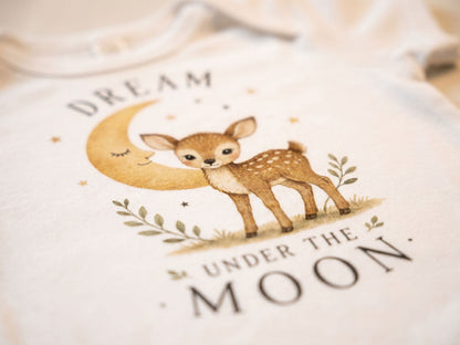 Dream Under The Moon Fawn Baby Bodysuit, close-up detail shot