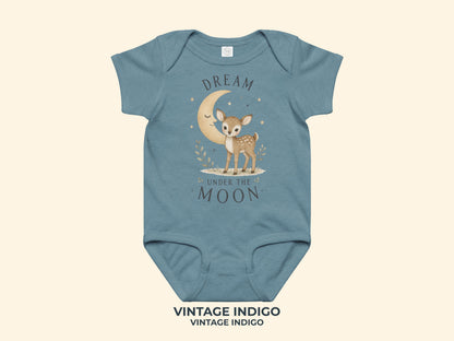 Dream Under The Moon Fawn Baby Bodysuit in Vintage Indigo