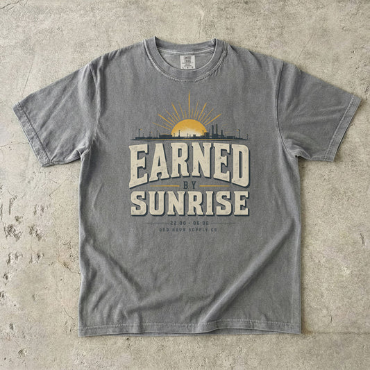 Earned by Sunrise T-shirt in Granite, Comfort Colors 1717 front view