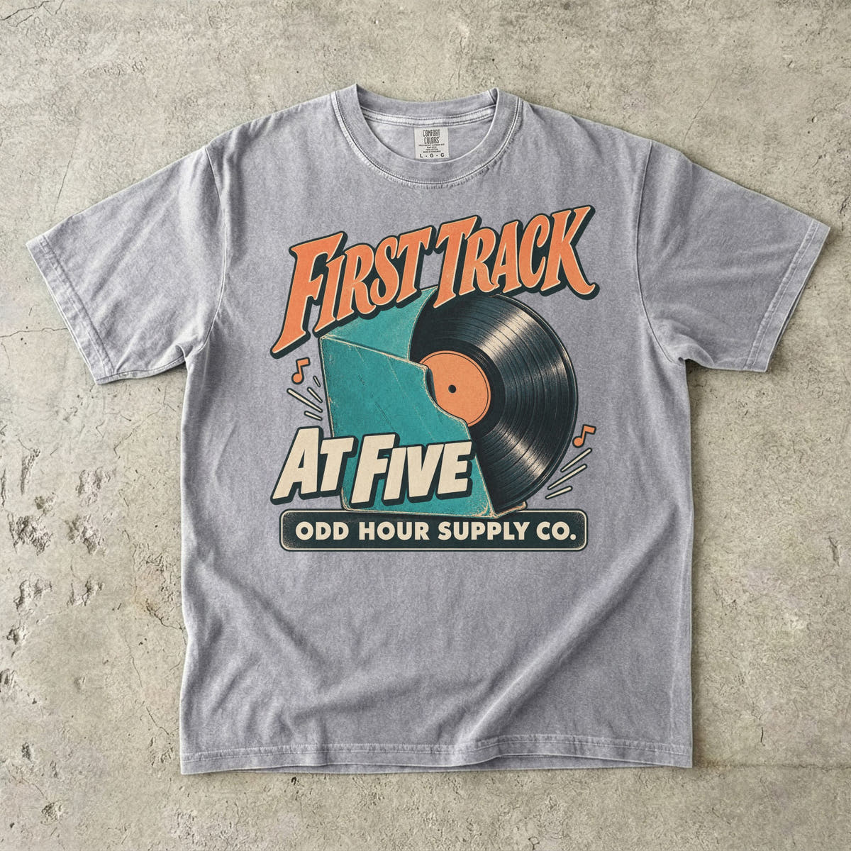 Grey Comfort Colors 1717 T-shirt with the First Track at Five graphic, front view