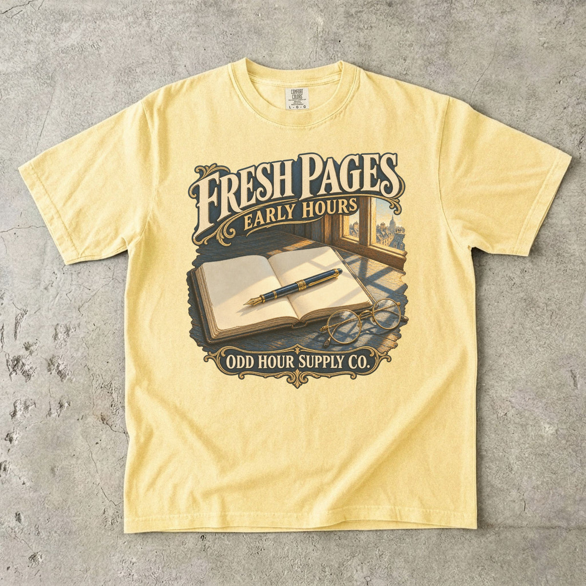 Butter Comfort Colors 1717 T-shirt with the Fresh Pages, Early Hours graphic, front view