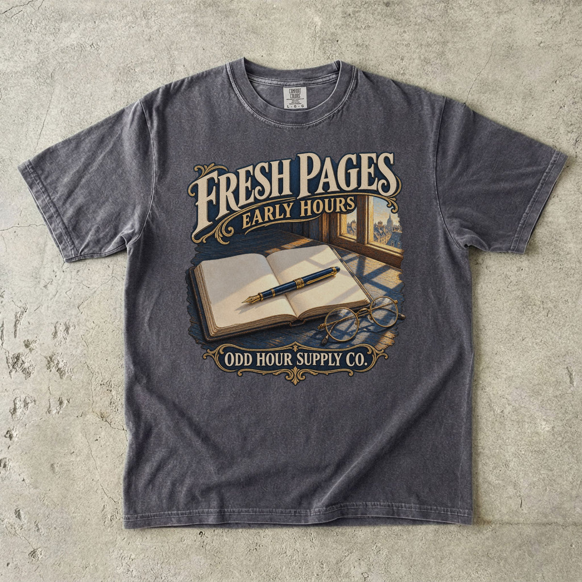 Pepper Comfort Colors 1717 T-shirt with the Fresh Pages, Early Hours graphic, front view