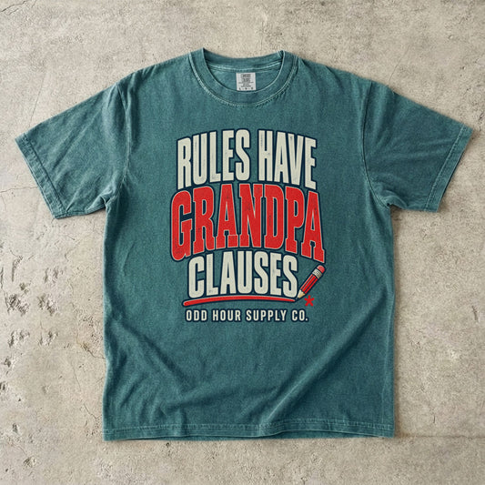 Blue Spruce T-shirt with RULES HAVE GRANDPA CLAUSES, a red pencil and an asterisk by Odd Hour Supply Co.