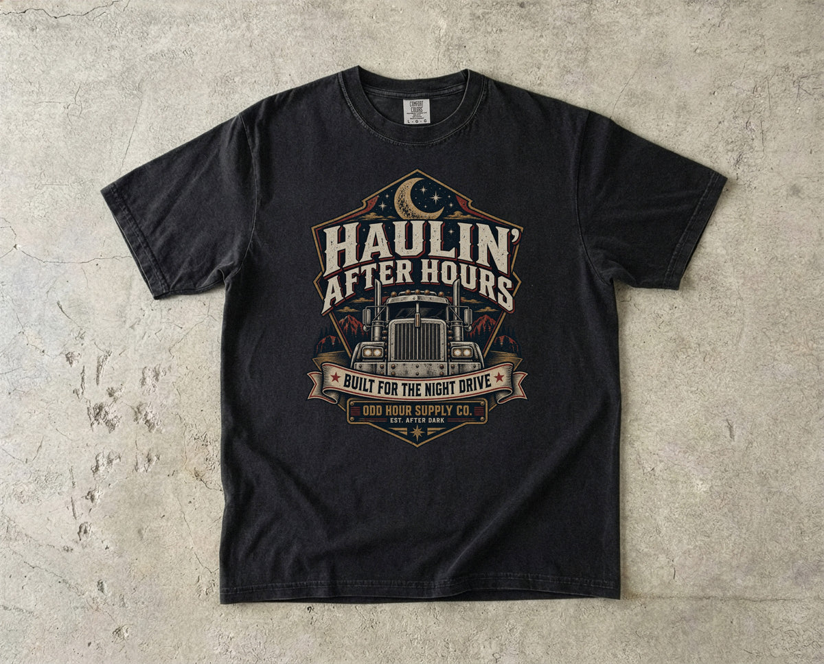 Haulin' After Hours vintage badge T-shirt in Black, Comfort Colors 1717 front view