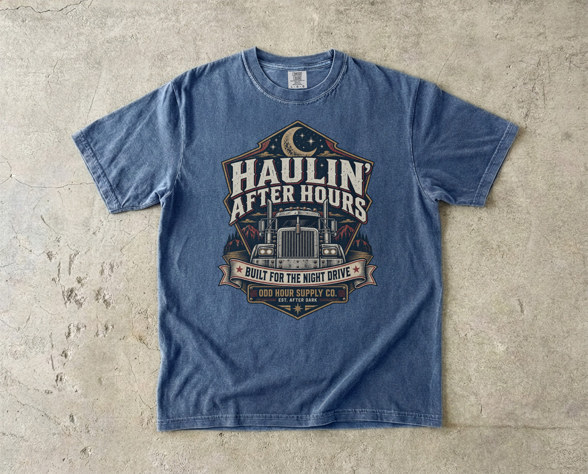 Haulin' After Hours vintage badge T-shirt in Denim, Comfort Colors 1717 front view