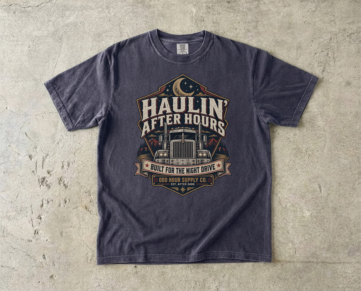 Haulin' After Hours vintage badge T-shirt in Graphite, Comfort Colors 1717 front view