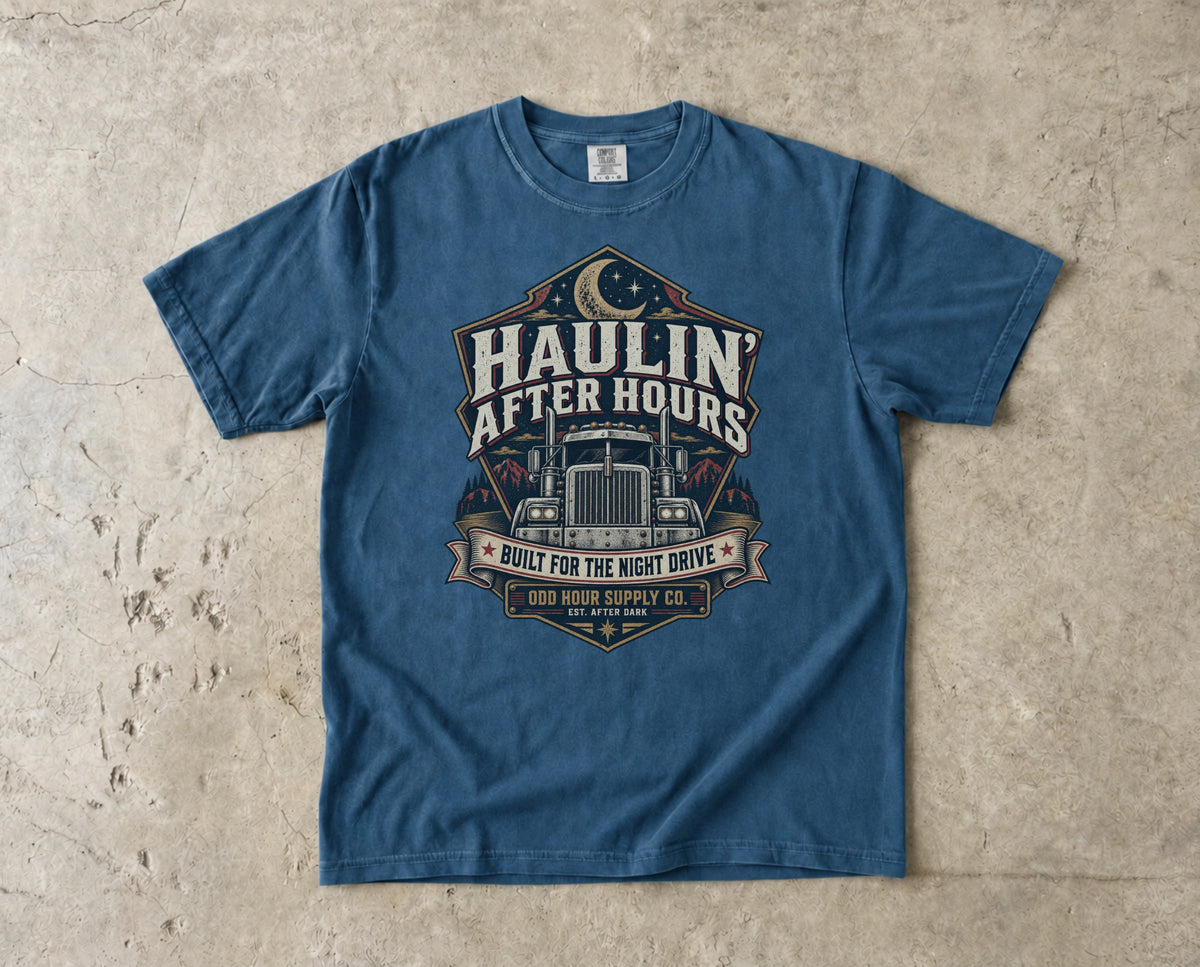 Haulin' After Hours vintage badge T-shirt in Midnight, Comfort Colors 1717 front view