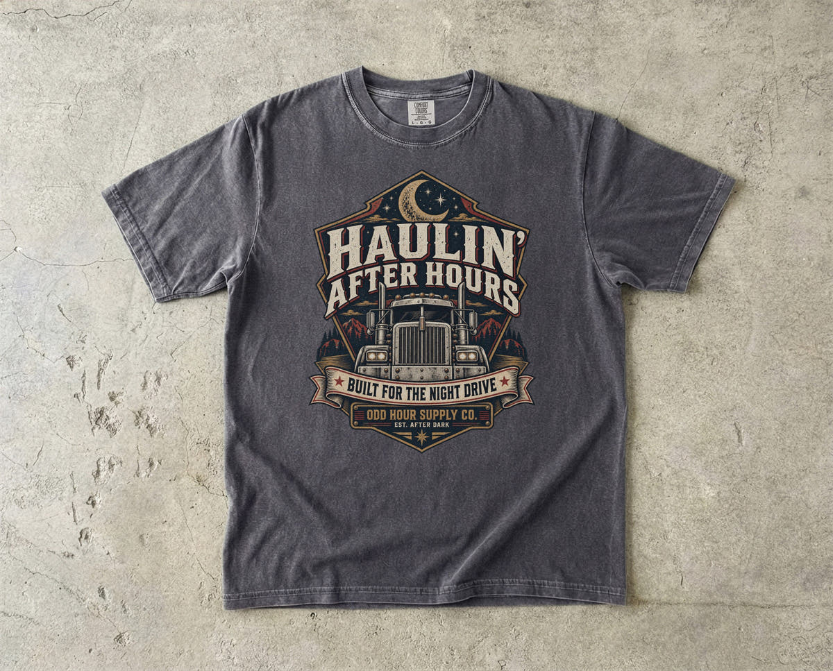 Haulin' After Hours vintage badge T-shirt in Pepper, Comfort Colors 1717 front view