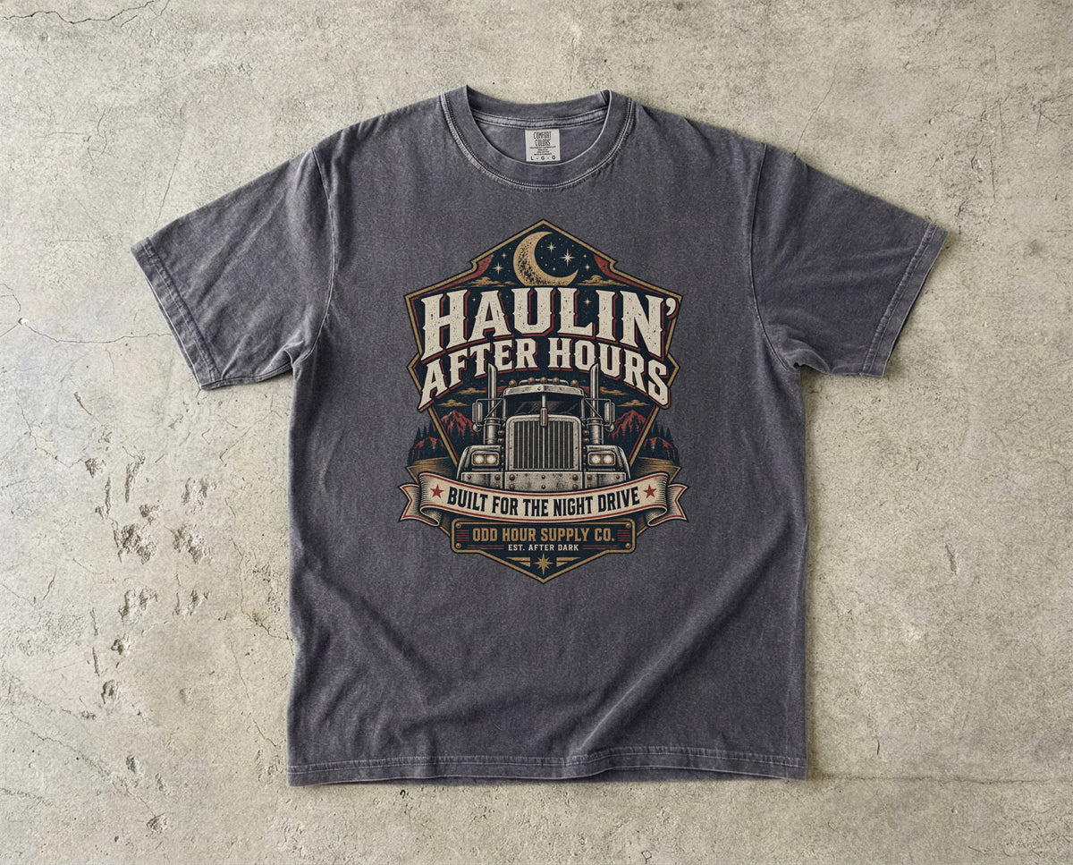 Haulin' After Hours vintage badge T-shirt in Pepper, Comfort Colors 1717 front view