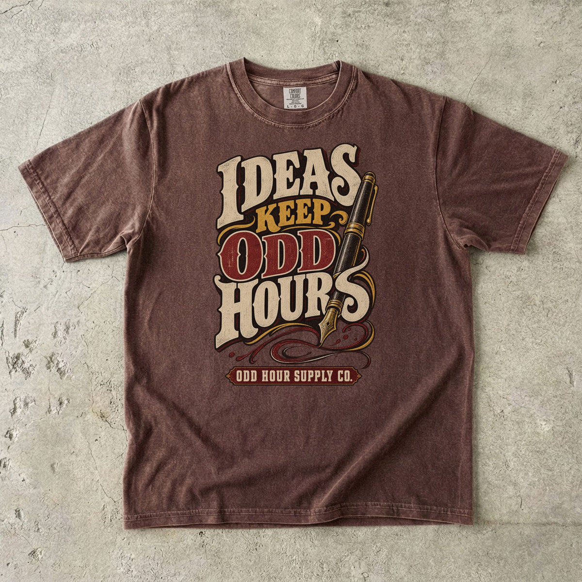 Espresso Comfort Colors 1717 T-shirt with the Ideas Keep Odd Hours graphic, front view