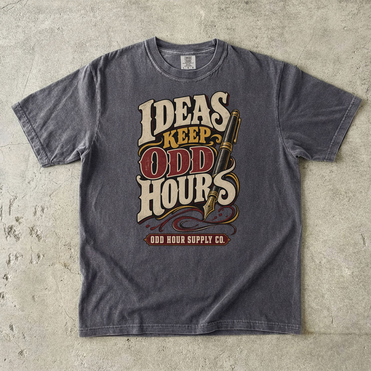 Pepper Comfort Colors 1717 T-shirt with the Ideas Keep Odd Hours graphic, front view