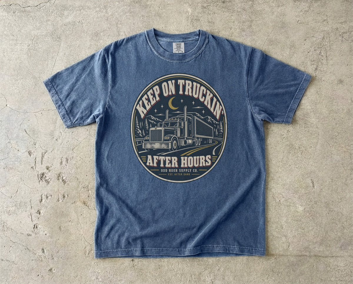Keep On Truckin' After Hours vintage badge T-shirt in Denim, Comfort Colors 1717 front view