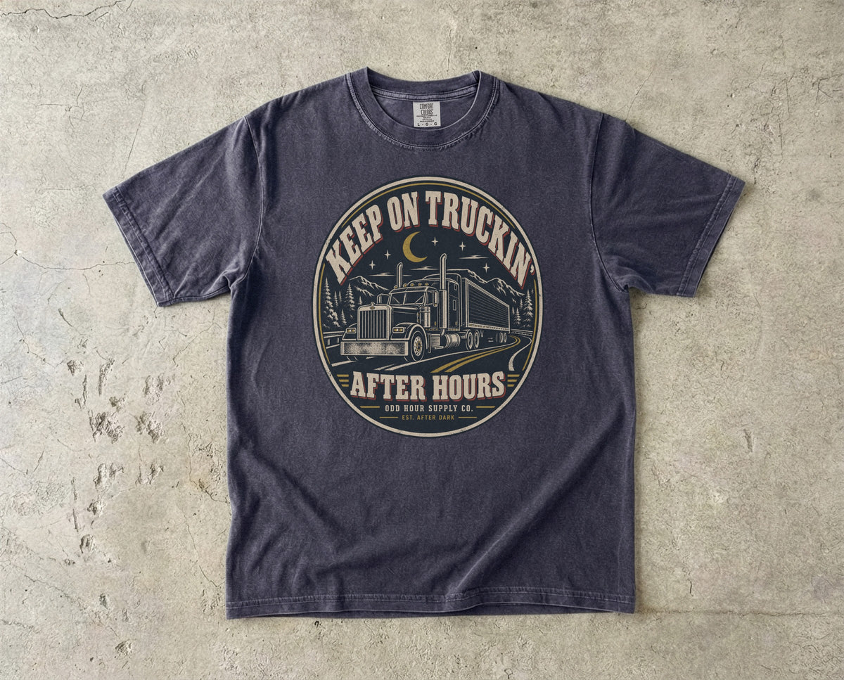 Keep On Truckin' After Hours vintage badge T-shirt in Graphite, Comfort Colors 1717 front view