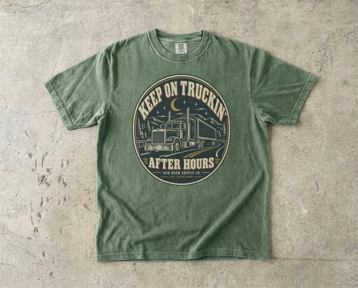 Keep On Truckin' After Hours vintage badge T-shirt in Moss, Comfort Colors 1717 front view