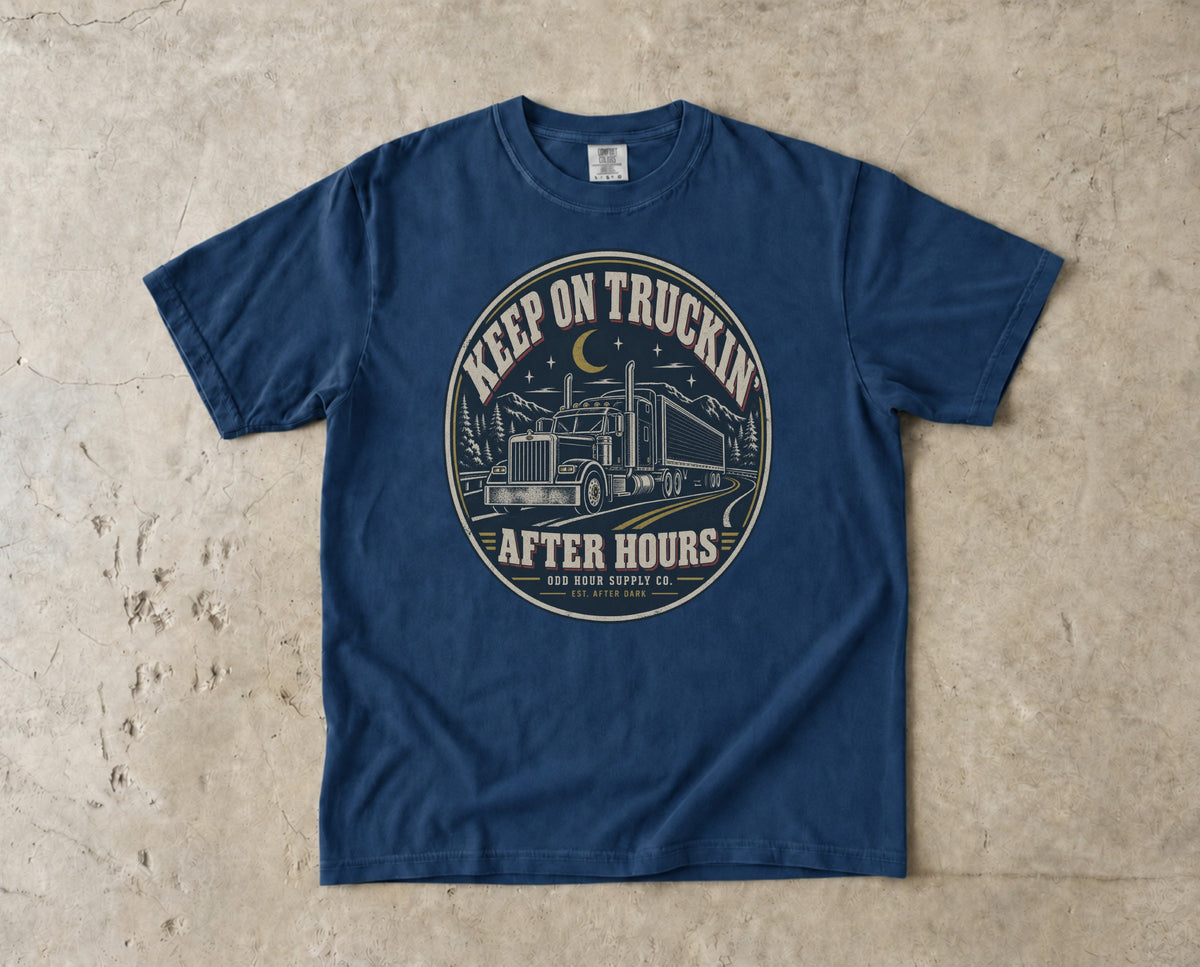 Keep On Truckin' After Hours vintage badge T-shirt in Navy, Comfort Colors 1717 front view