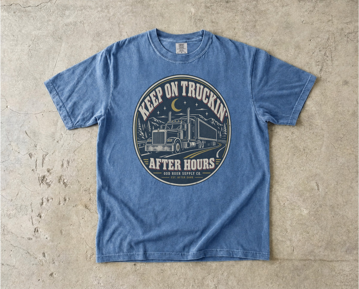 Keep On Truckin' After Hours vintage badge T-shirt in Washed Denim, Comfort Colors 1717 front view