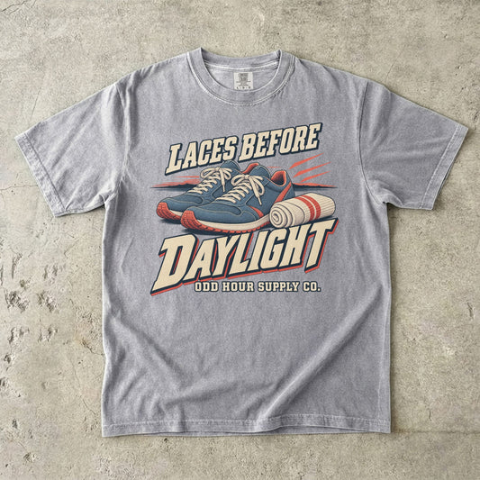 Grey Comfort Colors 1717 T-shirt with the Laces Before Daylight graphic, front view