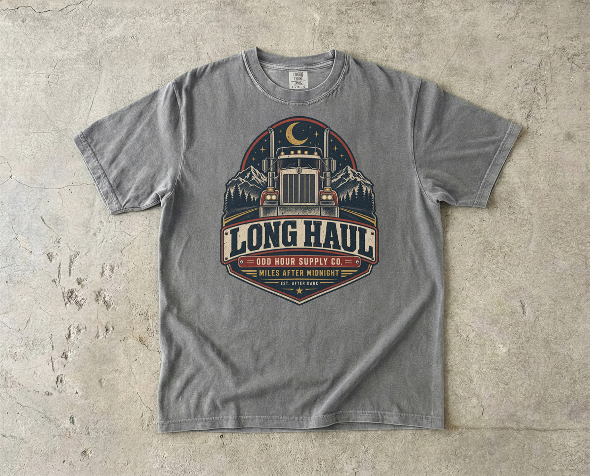 Long Haul Miles After Midnight vintage badge T-shirt in Granite, Comfort Colors 1717 front view