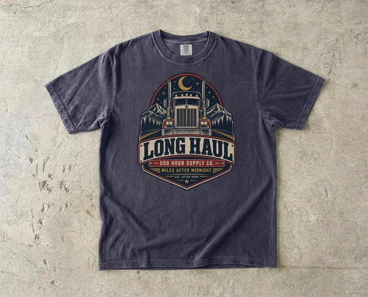 Long Haul Miles After Midnight vintage badge T-shirt in Graphite, Comfort Colors 1717 front view