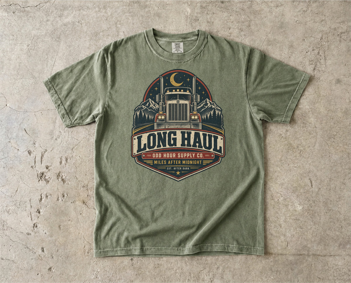 Long Haul Miles After Midnight vintage badge T-shirt in Hemp, Comfort Colors 1717 front view