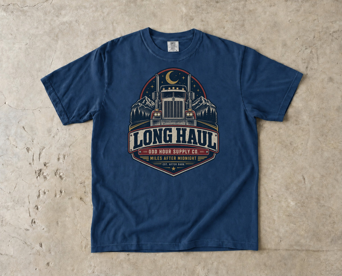 Long Haul Miles After Midnight vintage badge T-shirt in Navy, Comfort Colors 1717 front view