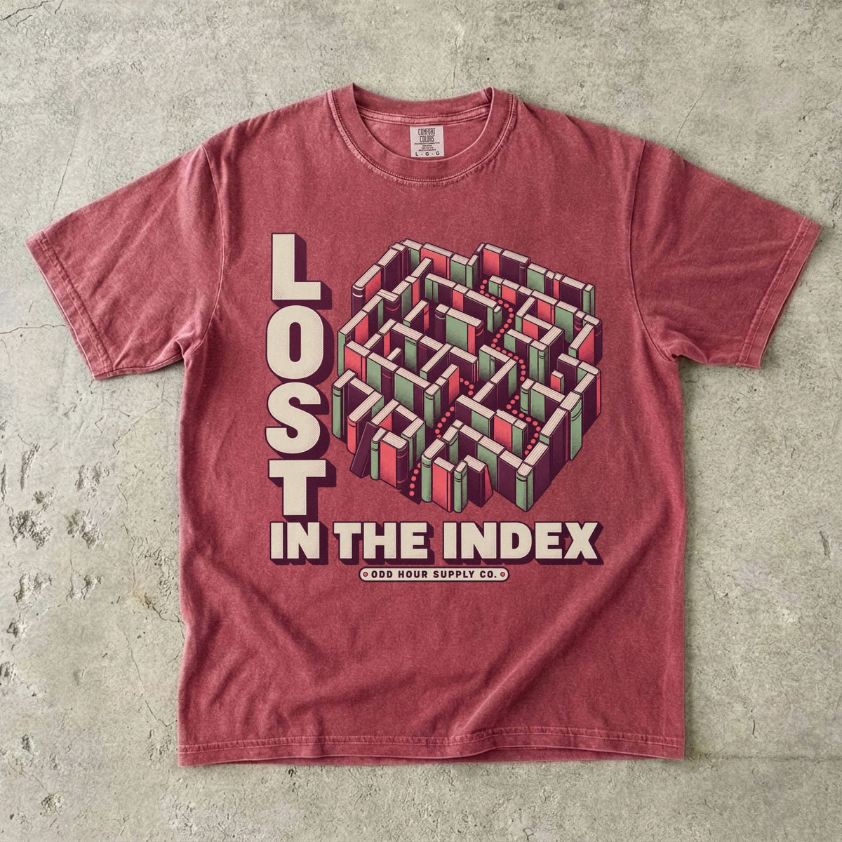 Brick T-shirt featuring a geometric book maze and LOST IN THE INDEX by Odd Hour Supply Co.