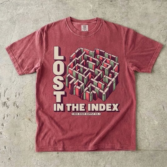 Brick T-shirt featuring a geometric book maze and LOST IN THE INDEX by Odd Hour Supply Co.