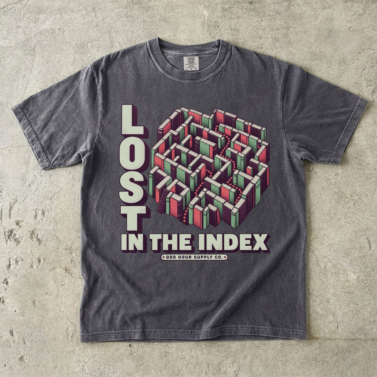 Pepper T-shirt featuring a geometric book maze and LOST IN THE INDEX by Odd Hour Supply Co.