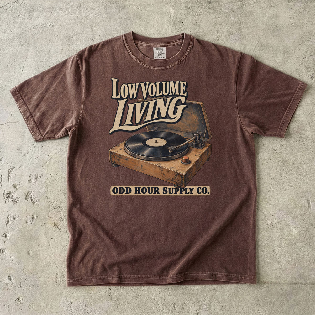 Espresso Comfort Colors 1717 T-shirt with the Low Volume Living graphic, front view