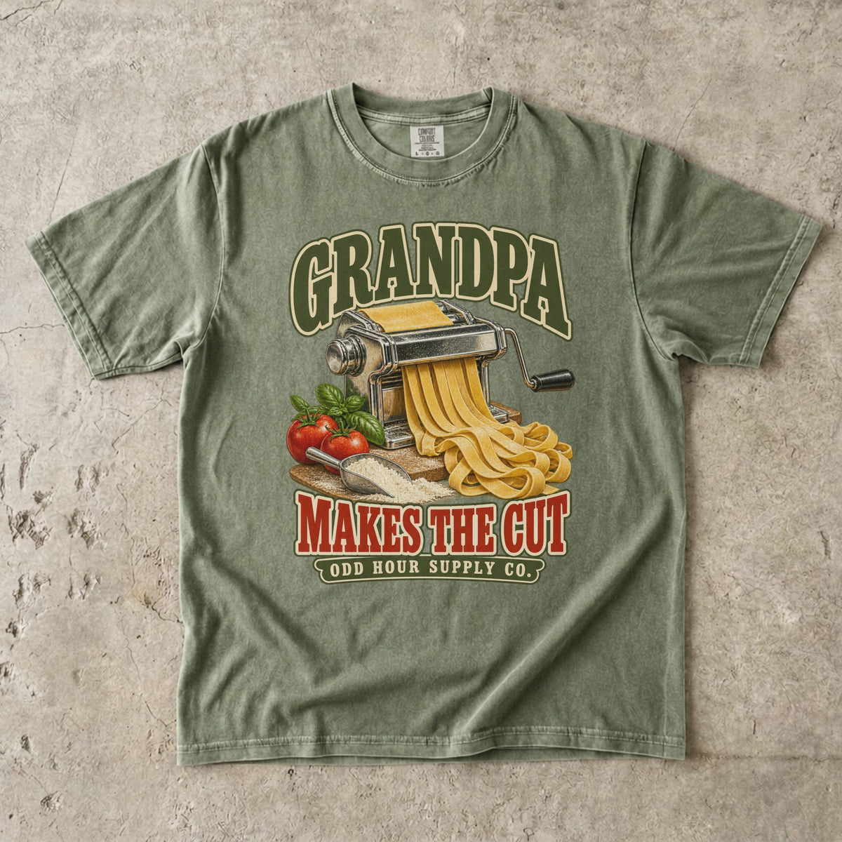 Hemp T-shirt with GRANDPA MAKES THE CUT, a pasta machine, noodles, tomatoes and basil by Odd Hour Supply Co.