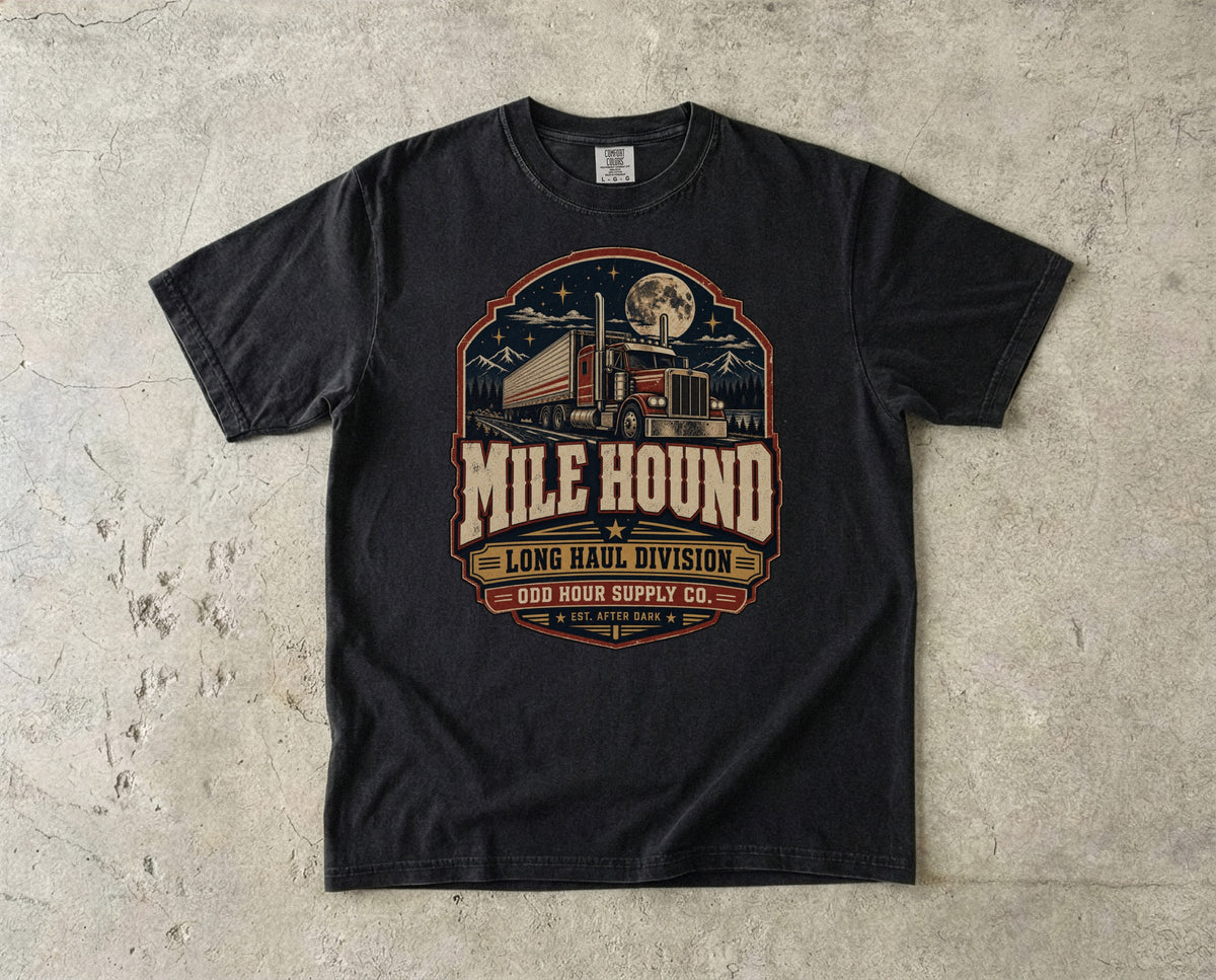 Mile Hound Long Haul Division vintage badge T-shirt in Black, Comfort Colors 1717 front view