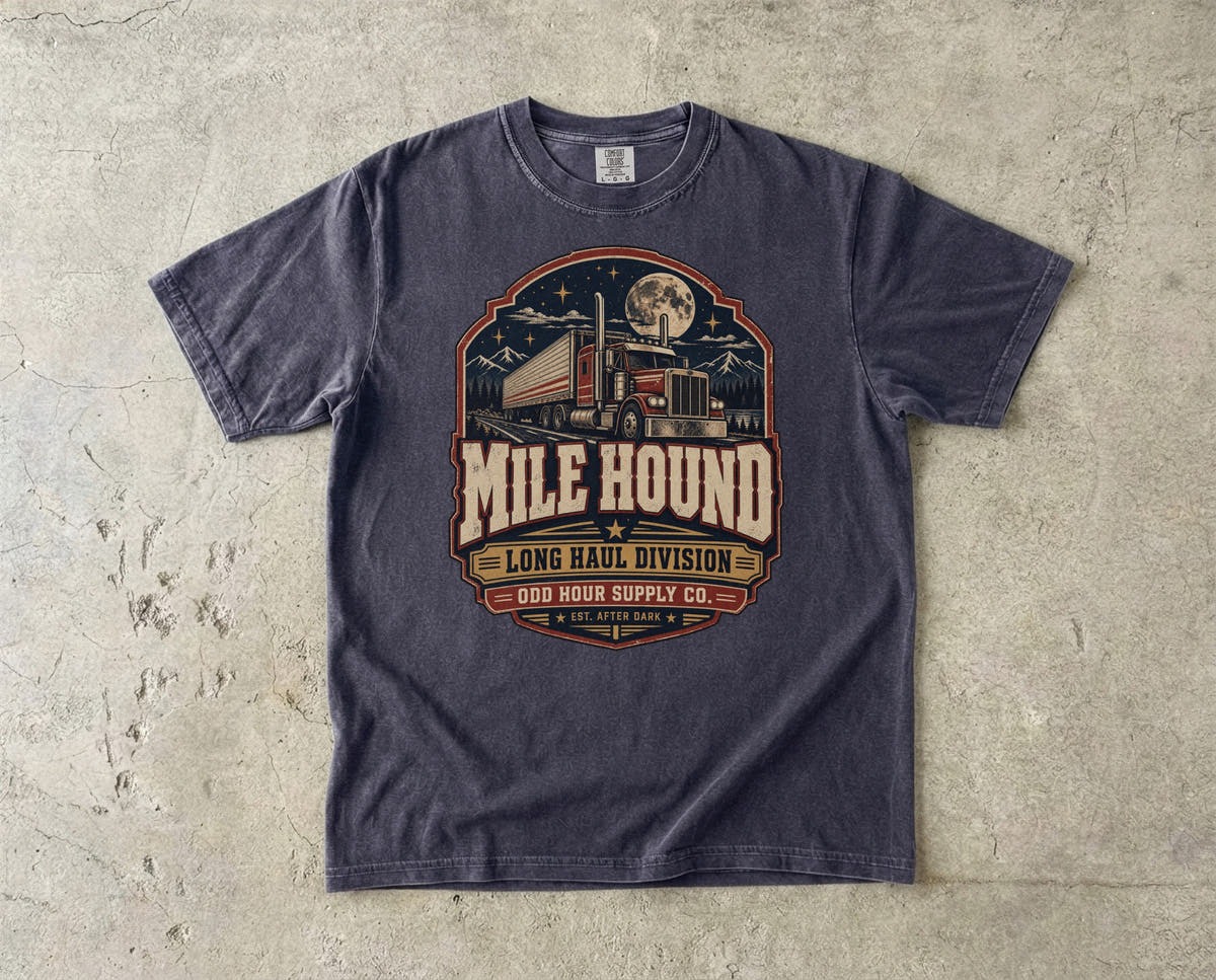 Mile Hound Long Haul Division vintage badge T-shirt in Graphite, Comfort Colors 1717 front view