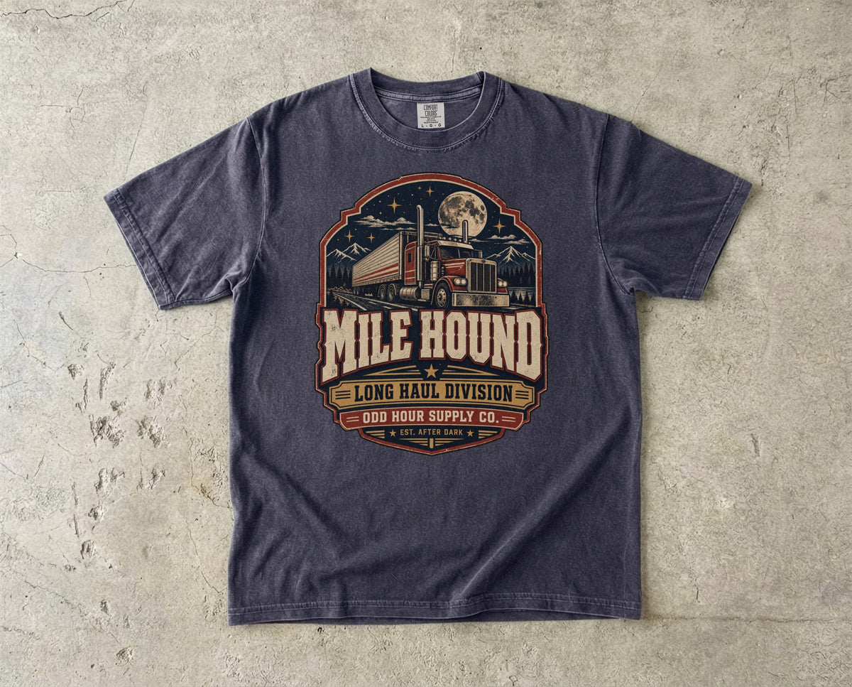 Mile Hound Long Haul Division vintage badge T-shirt in Graphite, Comfort Colors 1717 front view