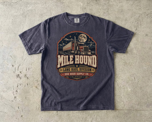 Mile Hound Long Haul Division vintage badge T-shirt in Graphite, Comfort Colors 1717 front view