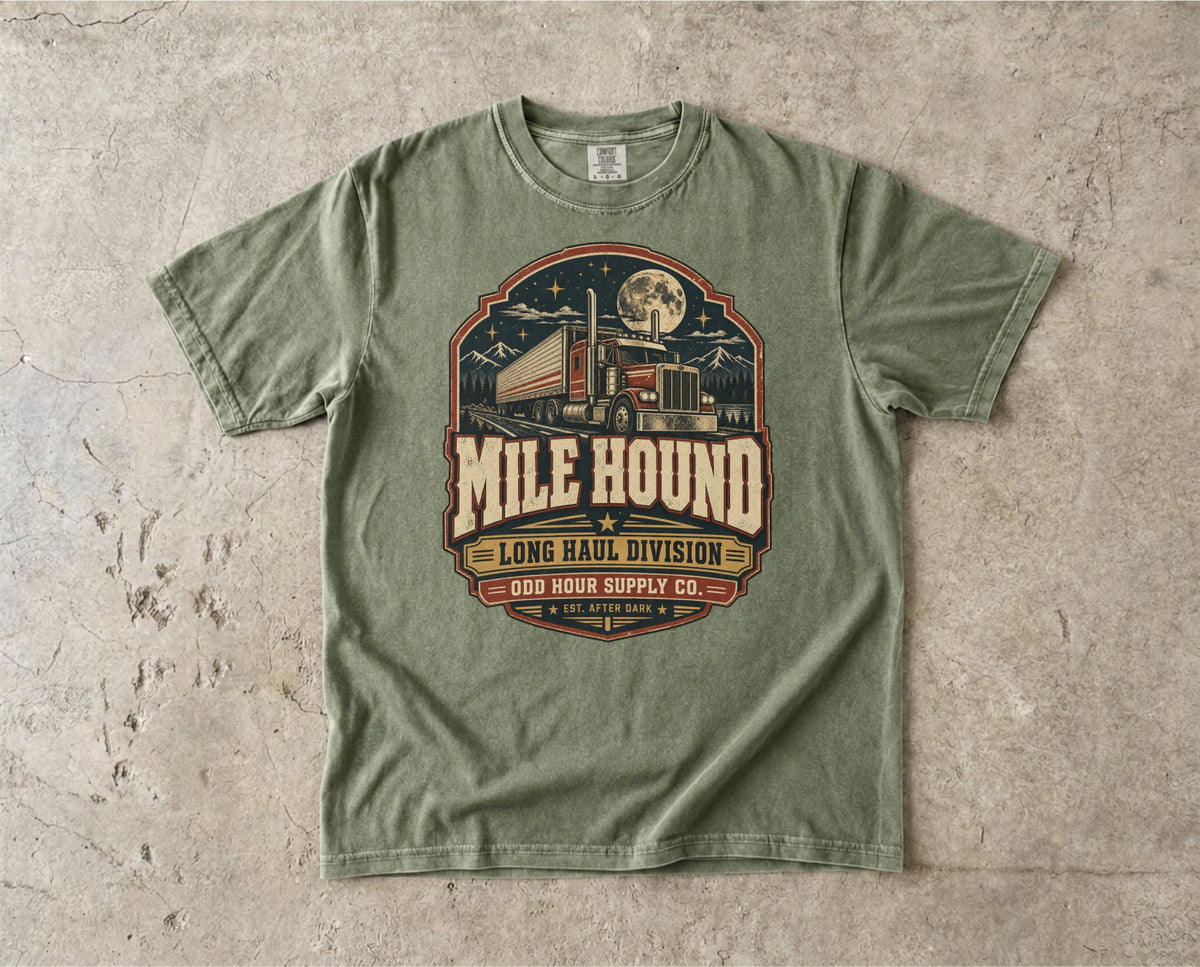 Mile Hound Long Haul Division vintage badge T-shirt in Hemp, Comfort Colors 1717 front view