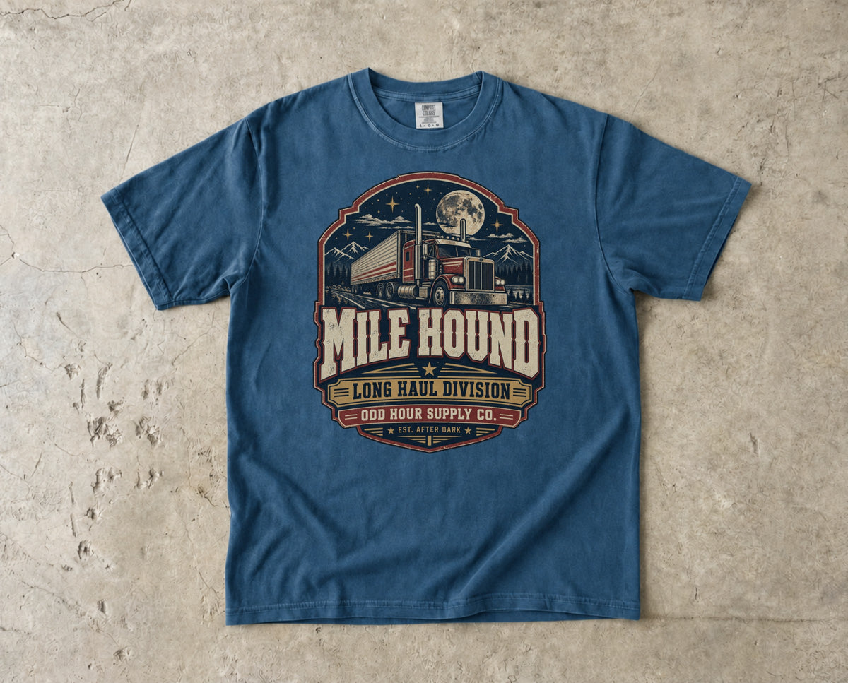 Mile Hound Long Haul Division vintage badge T-shirt in Midnight, Comfort Colors 1717 front view