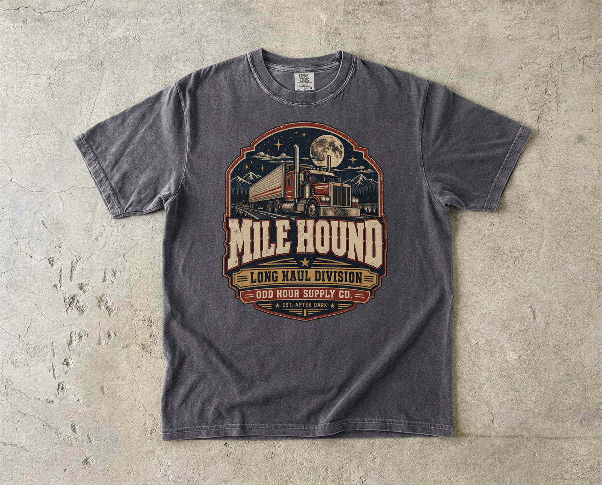 Mile Hound Long Haul Division vintage badge T-shirt in Pepper, Comfort Colors 1717 front view