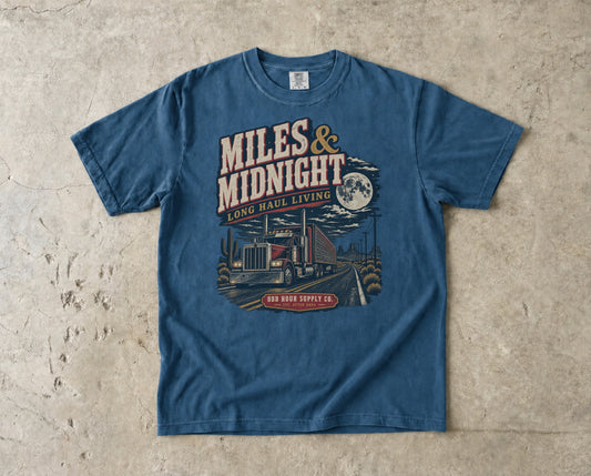 Miles & Midnight Long Haul Living vintage badge T-shirt in Midnight, Comfort Colors 1717 front view