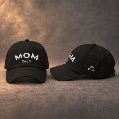 Black baseball cap with MOM 24/7 embroidery, front and side view
