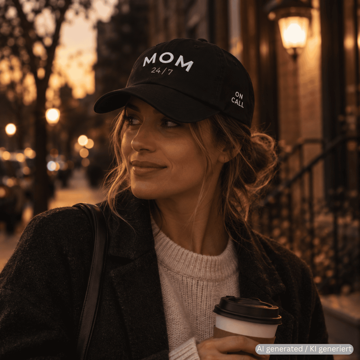 Person wearing black baseball cap with MOM 24/7 embroidery