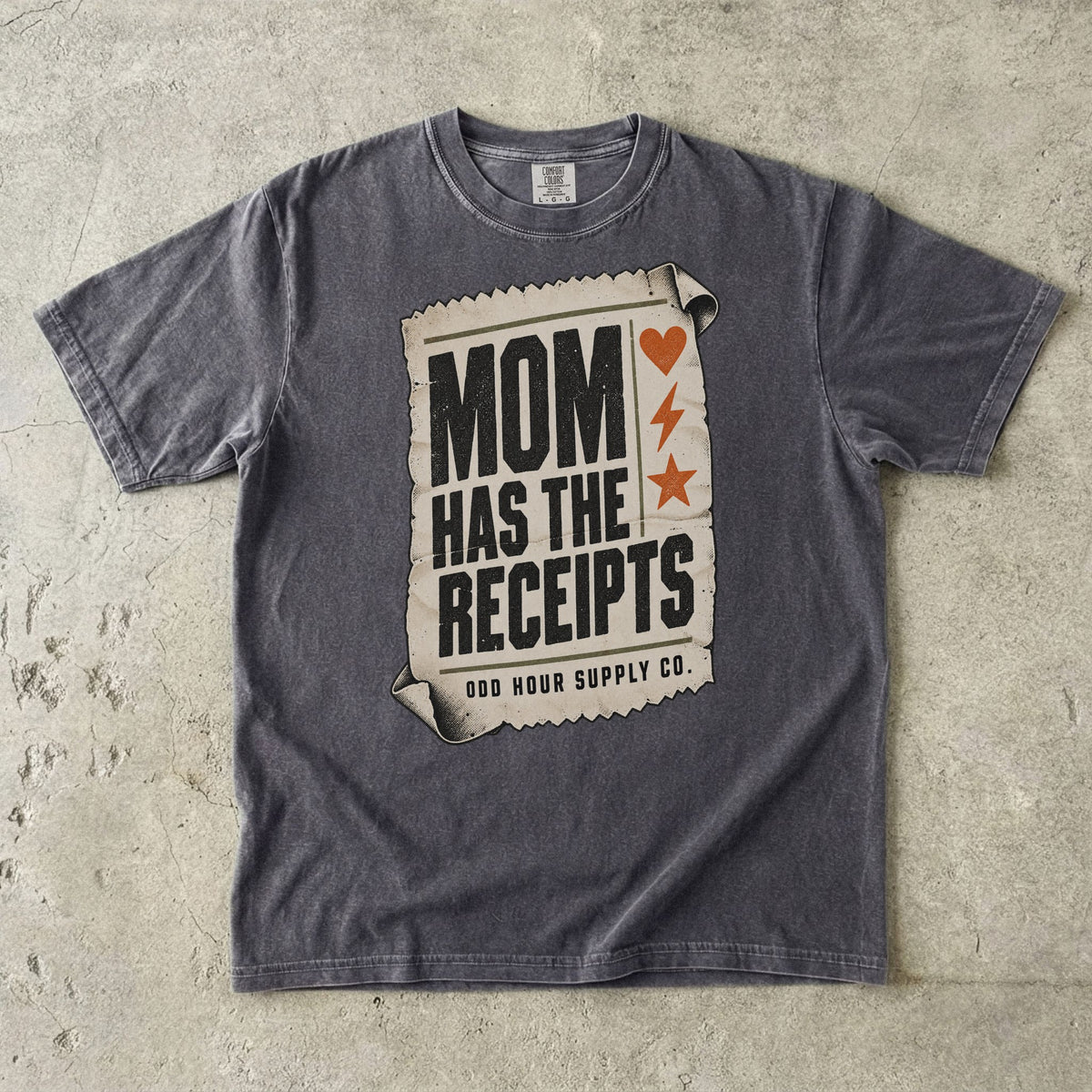 Pepper Comfort Colors 1717 T-shirt with a cream receipt, black Mom Has the Receipts lettering, and orange heart, lightning bolt, and star symbols.