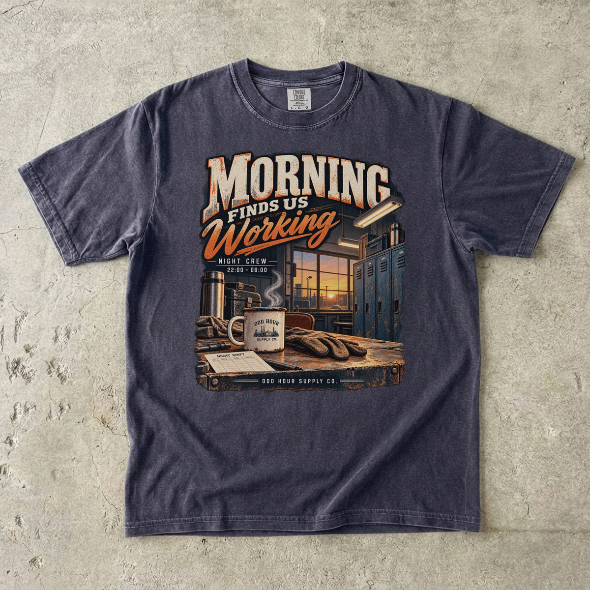 Morning Finds Us Working T-shirt in Graphite, Comfort Colors 1717 front view