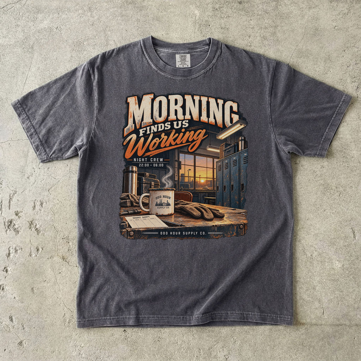 Morning Finds Us Working T-shirt in Pepper, Comfort Colors 1717 front view