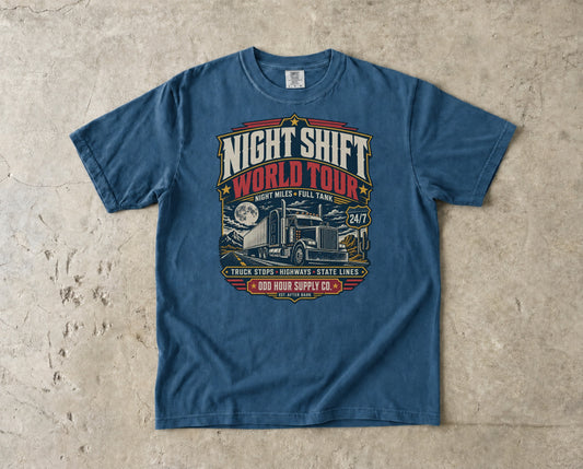 Night Shift World Tour vintage badge T-shirt in Midnight, Comfort Colors 1717 front view