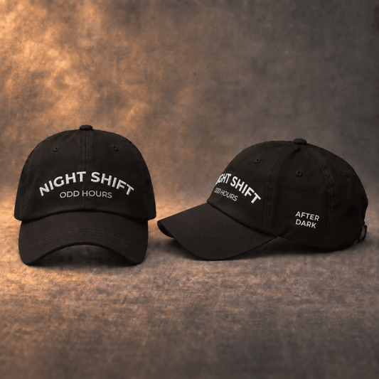 Black baseball cap with NIGHT SHIFT embroidery, front and side view
